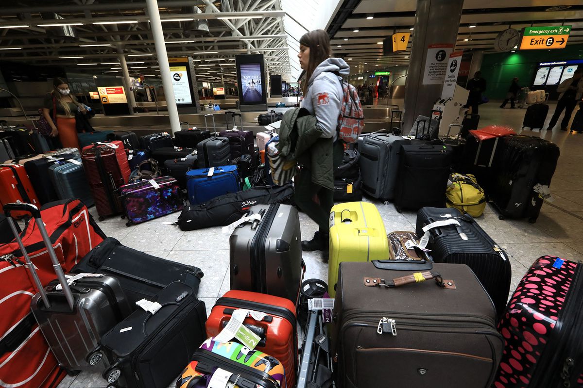 Lots of unpicked baggage are left at an arrival lobby of Heathrow Airport (LHR) in London, United Kingdom on June 25, 2022. At Heathrow Airport, the management system broke down and a large amount of luggage has been left unattended. There were a series of flight delays and cancellations. One of the reasons is that many employees were dismissed due to the new coronavirus COVID-19. ( The Yomiuri Shimbun ) (Photo by Takuya Matsumoto / Yomiuri / The Yomiuri Shimbun via AFP)
