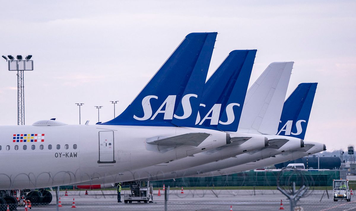 Scandinavian Airlines (SAS) Airbus A320 planes parked at Copenhagen Airport, Kastrup, Denmark, on March 15, 2020.Photo: Johan Nilsson / TT kod 50090 (Photo by JOHAN NILSSON / TT NEWS AGENCY / TT News Agency via AFP)