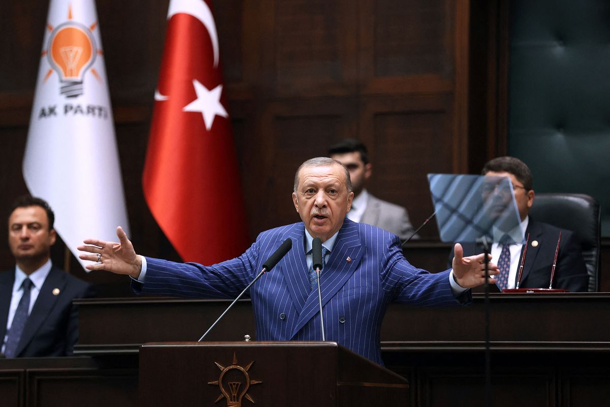Turkish President and leader of the Justice and Development Party (AK Party) Recep Tayyip Erdogan delivers a speech during his partyís parliamentary group meeting at the Turkish Grand National Assembly in Ankara on June 15, 2022. (Photo by Adem ALTAN / AFP)