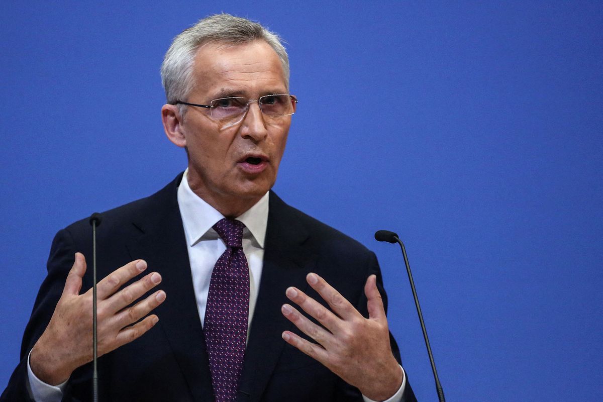 North Atlantic Treaty Organization (NATO) Secretary General Jens Stoltenberg speaks during a press conference ahead of a NATO Defence ministers' meeting at the NATO headquarters in Brussels on June 15, 2022. (Photo by Valeria Mongelli / AFP)