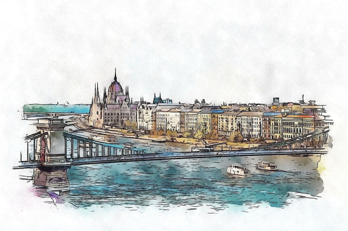 Eurókötvényt ad ki a magyar állam állampapír Budapest  panoramic riverside view, watercolor sketch illustration.