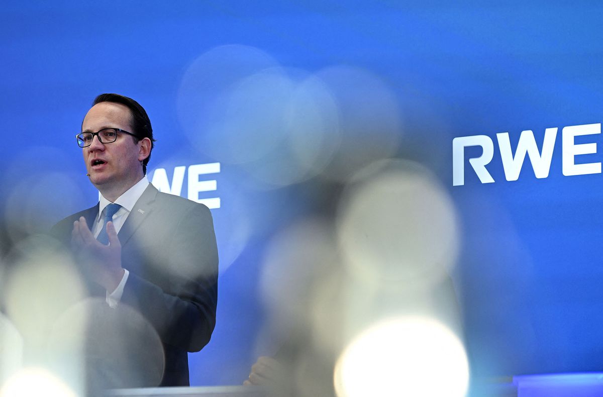 The CEO of German energy giant RWE Markus Krebber speaks during a press conference at the company's headquarters in Essen, western Germany, on March 15, 2022. (Photo by INA FASSBENDER / AFP)