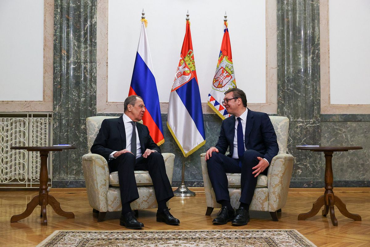 6669725 10.10.2021 In this handout photo released by the Russian Foreign Ministry, Russian Foreign Minister Sergey Lavrov, left, meets with Serbian President Aleksandar Vucic, in Belgrade, Serbia. Editorial use only, no archive, no commercial use. Russian Foreign Ministry (Photo by Russian Foreign Ministry / Sputnik via AFP)