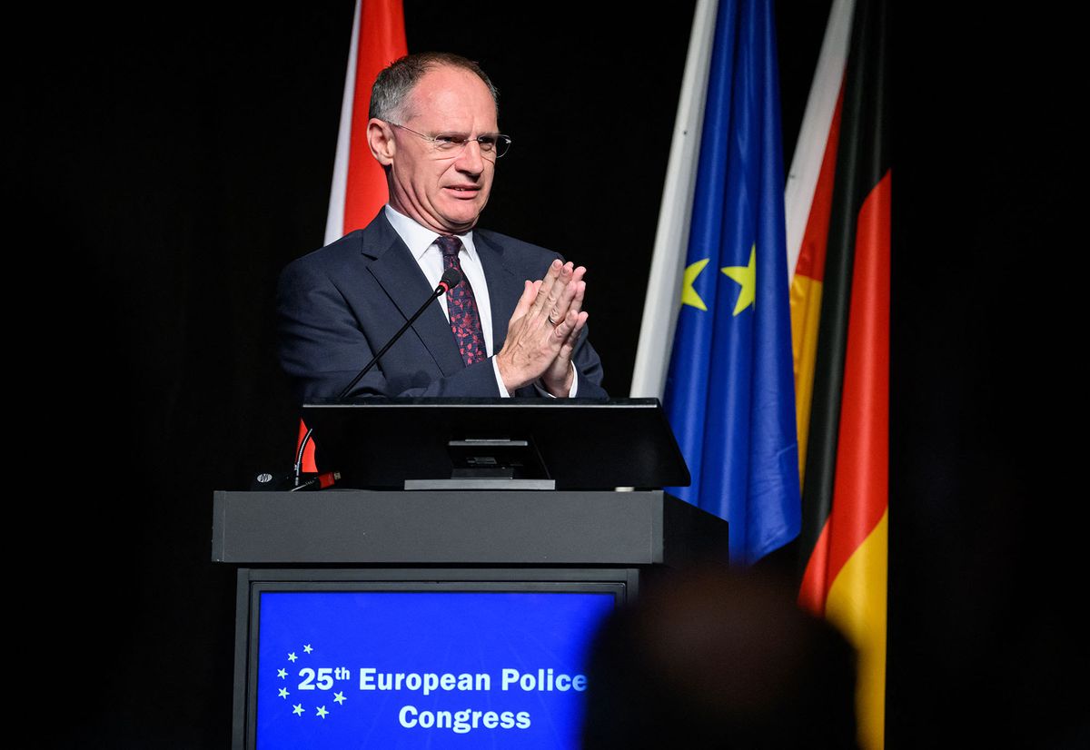 11 May 2022, Berlin: Gerhard Karner, Minister of the Interior of Austria, speaks at the 25th European Police Congress at the Berlin Exhibition Grounds. At the European Police Congress, organized by Behˆrden Spiegel, around 1,500 participants from the police, politics, security authorities and industry discuss current topics of internal security once a year. Photo: Bernd von Jutrczenka/dpa (Photo by BERND VON JUTRCZENKA / DPA / dpa Picture-Alliance via AFP)