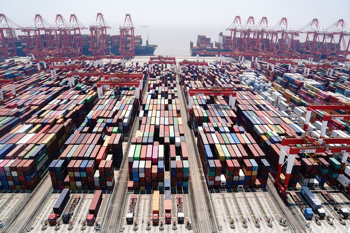 (220523) -- BEIJING, May 23, 2022 (Xinhua) -- Photo taken on May 17, 2022 shows a view of the automated container terminal of Shanghai Yangshan Deep Water Port in east China's Shanghai. (Xinhua/Ding Ting) (Photo by Ding Ting / XINHUA / Xinhua via AFP)