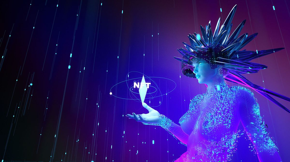 tokenizáció Concept of non-fungible NFT tokens. Beautiful illustration of a giant woman with NTF in her hands. 3D rendering