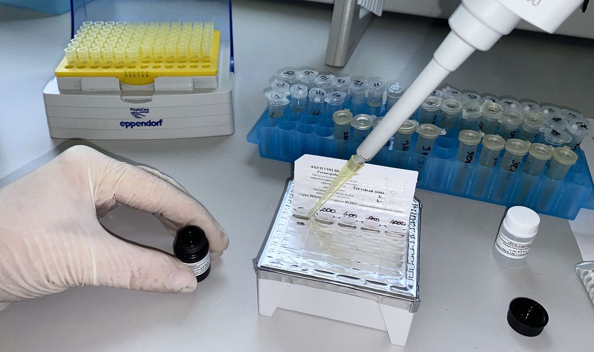 8199239 18.05.2022 In this handout photo released by the Russian State Research Center of Virology and Biotechnology Vector, a test kit to detect monkeypox which was created at the center is on display in Novosibirsk, Russia. Editorial use only, no archive, no commercial use. (Photo by Sputnik via AFP)