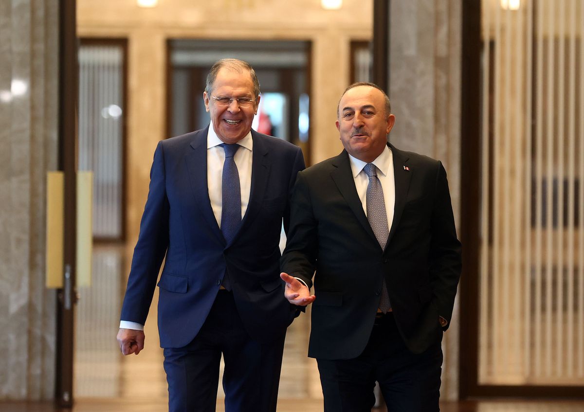1241171456 ANKARA, TURKIYE - JUNE 8: Turkish Foreign Minister Mevlut Cavusoglu (R) and Russian Foreign Minister Sergey Lavrov (L) arrive to hold a joint news conference following their meeting in Ankara, Turkiye on June 8, 2022. (Photo by Evrim Aydin/Anadolu Agency via Getty Images)