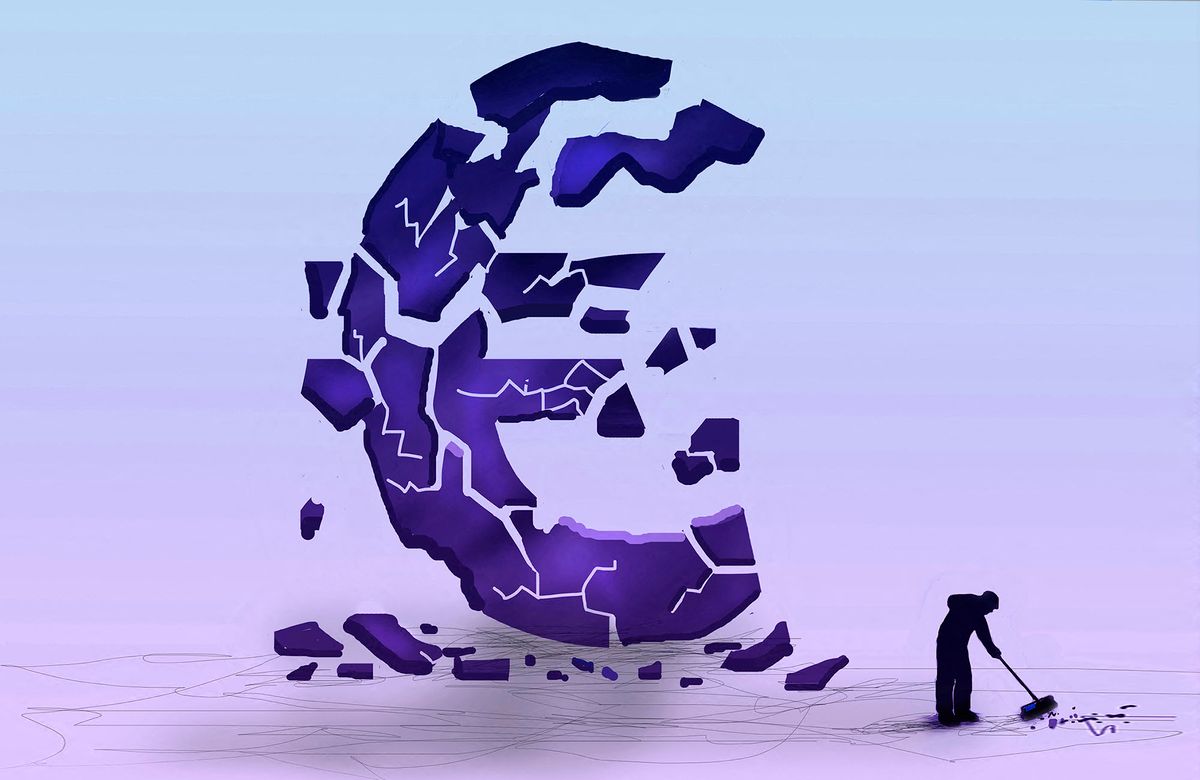 Crumbling Euro, conceptual illustration. Man sweeping up broken pieces of a large euro symbol. (Photo by FANATIC STUDIO / GARY WATERS / S / FST / Science Photo Library via AFP)