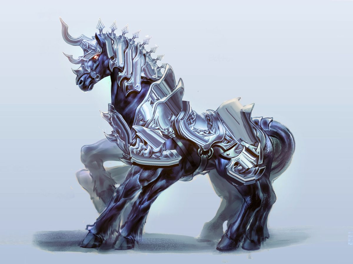 2d digital illustration character creature design concept of 3 unicorn horse ancient time with beautiful armor design pattern for war battle