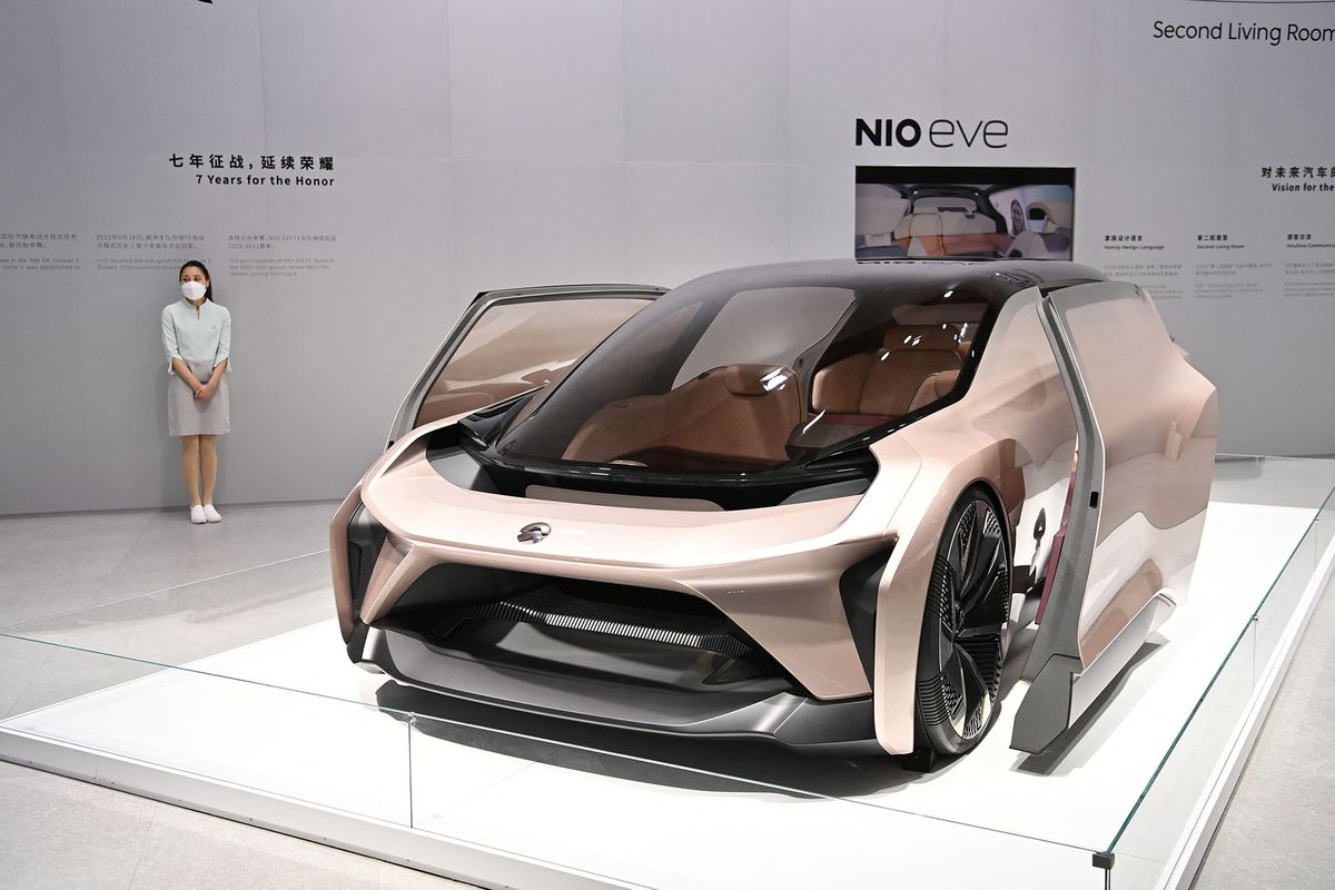A Nio Eve car is seen during the 19th Shanghai International Automobile Industry Exhibition in Shanghai on April 19, 2021. (Photo by Hector RETAMAL / AFP)