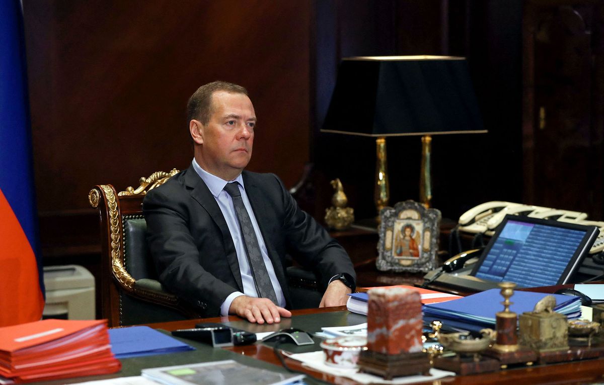 6357130 14.10.2020 Deputy chairman of the Russian Security Council Dmitry Medvedev attends a meeting with Russian Academy of Science President Alexander Sergeev via teleconference call, at Gorki state residence, outside Moscow, Russia. Ekaterina Shtukina / Sputnik (Photo by Ekaterina Shtukina / Sputnik / Sputnik via AFP)