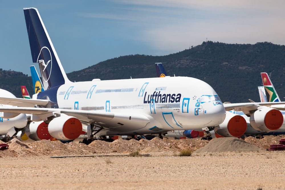 Teruel,,Spain,-,August,17,,2020:,Lufthansa,Airbus,A380-800,Stored