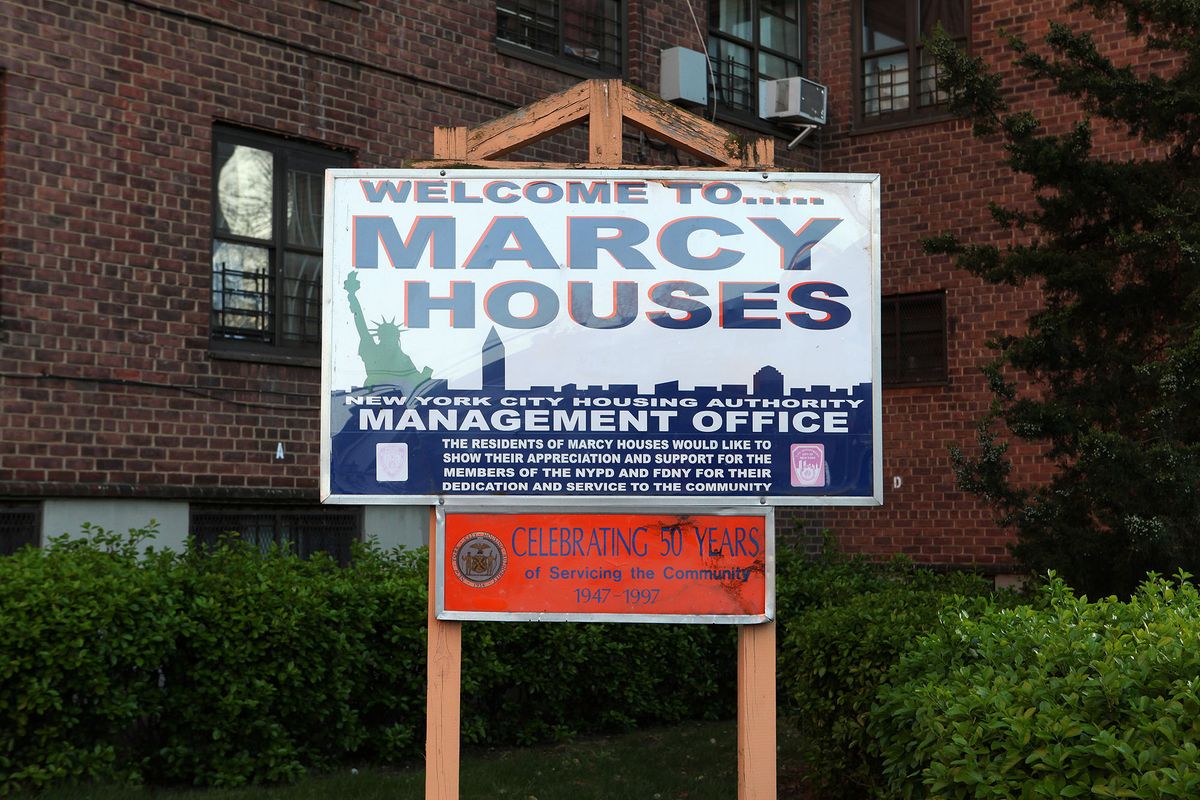 526109312 BROOKLYN, NY - APRIL 15:  Marcy Houses signage, former home of rapper Jay-Z in the Bedford-Stuyvesant neighborhood of Brooklyn, New York on April 15, 2016.  (Photo By Raymond Boyd/Getty Images)