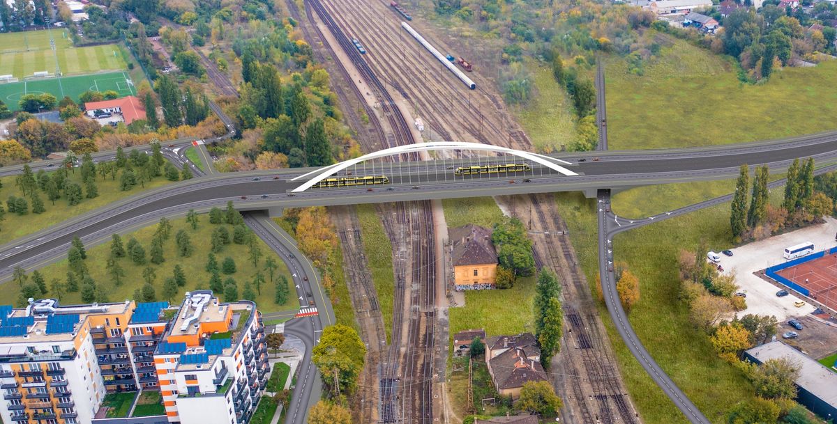 Szegedi úti felüljáró, a mai környezetben, még fejlesztett vasút, meghosszabbított Kisföldalatti, megújult Rákosrendező nélküli állapotban. tehervonat teherforgalom