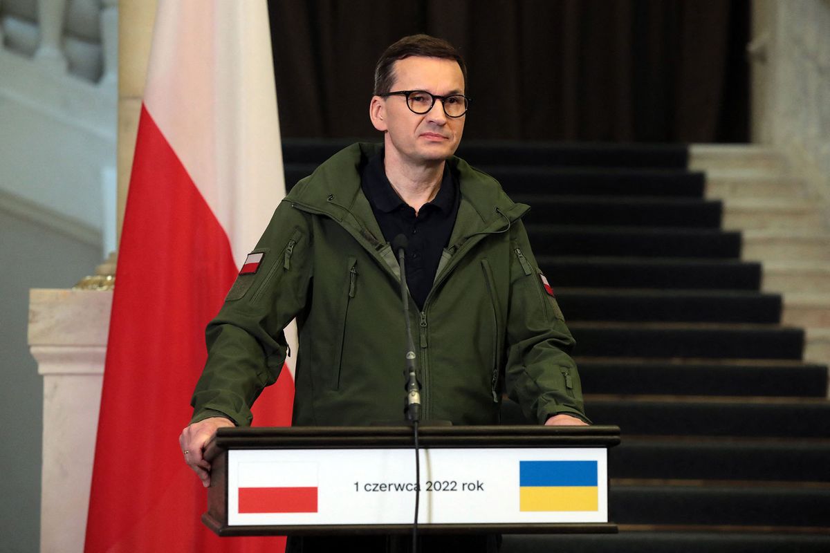 KYIV, UKRAINE - JUNE 01, 2022 - PM of Poland Mateusz Morawiecki is pictured during a joint briefing with the Ukrainian Prime Minister Denys Shmyhal, Kyiv, capital of Ukraine. This photo cannot be distributed in the russian federation.NO USE RUSSIA. NO USE BELARUS. (Photo by Hennadii Minchenko / NurPhoto / NurPhoto via AFP)