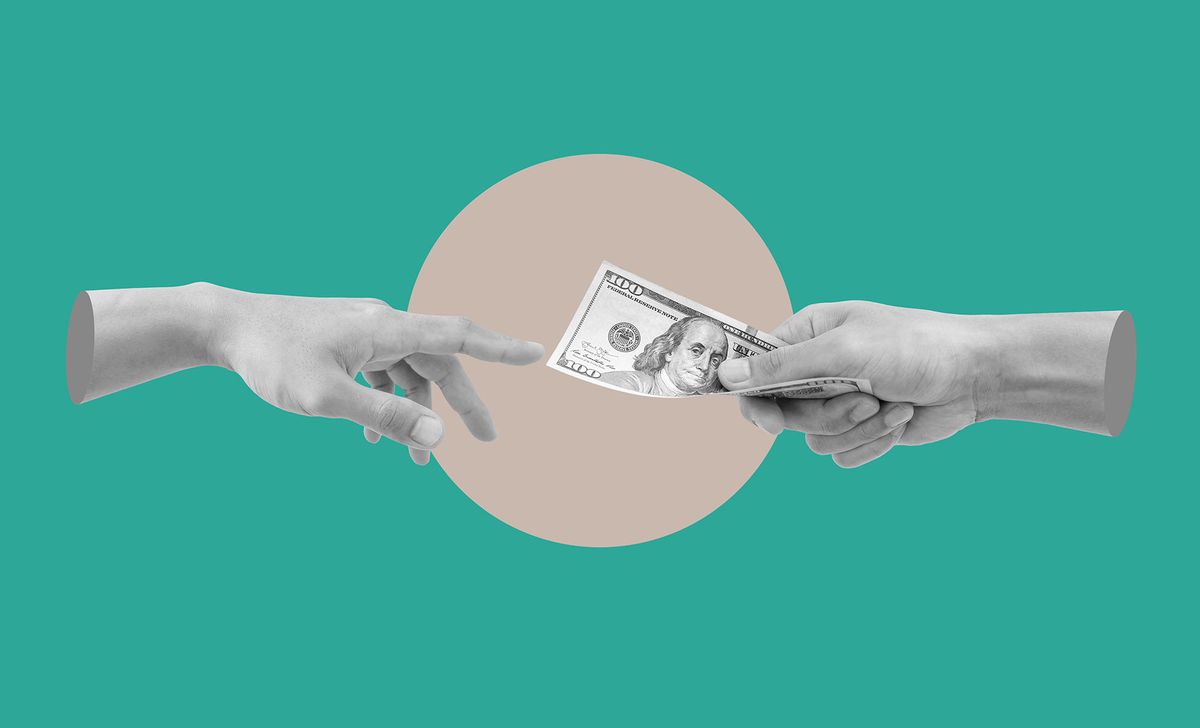 Digital,Collage,Modern,Art.,Hand,Giving,And,Receiving,Money