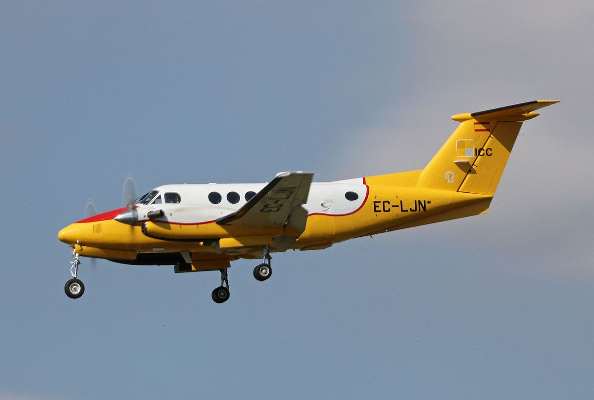 Beechcraft B200GT Super King Air plane, of the Institut Cartografic de Catalunya - ICC company, getting ready to land at Barcelona airport, in Barcelona on 08th October 2021.  -- (Photo by Urbanandsport/NurPhoto) (Photo by Joan Valls / NurPhoto / NurPhoto via AFP)