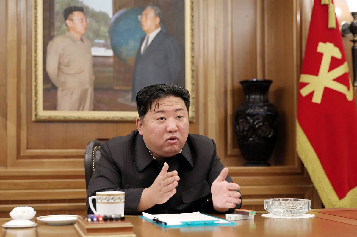 This picture taken on June 12, 2022 and released from North Korea's official Korean Central News Agency (KCNA) on June 13 shows North Korean leader Kim Jong Un attending a meeting of the Secretariat of the Central Committee of the Workers' Party of Korea (WPK) at the office building of the Central Committee of the WPK in Pyongyang. (Photo by KCNA VIA KNS / AFP)