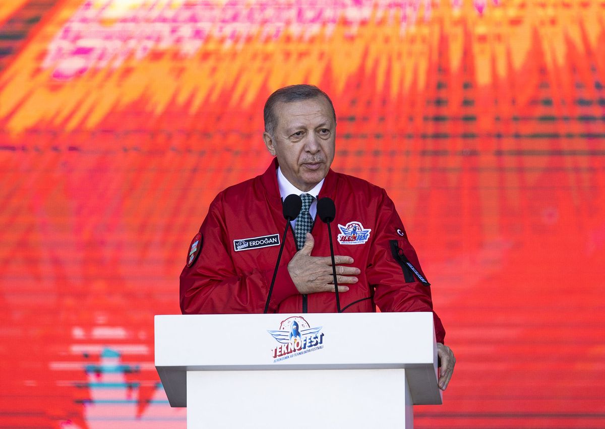 BAKU, AZERBAIJAN - MAY 28: Turkish President Recep Tayyip Erdogan makes a speech as he attends the Distinguished Observer Day of "TEKNOFEST Azerbaijan", the Aviation, Space and Technology Festival at Baku Crystal Hall and Baku Boulevard in Baku, Azerbaijan on May 28, 2022. Aytac Unal / Anadolu Agency (Photo by Aytac Unal / ANADOLU AGENCY / Anadolu Agency via AFP)