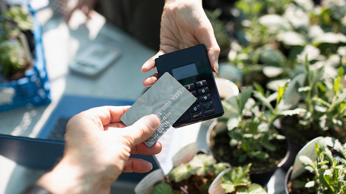 Close up customer paying for plants with smart card, Close up customer paying for plants with smart card. (Photo by Tom Merton/CAIA IMAGE/SCIENCE PH / NEW / Science Photo Library via AFP)