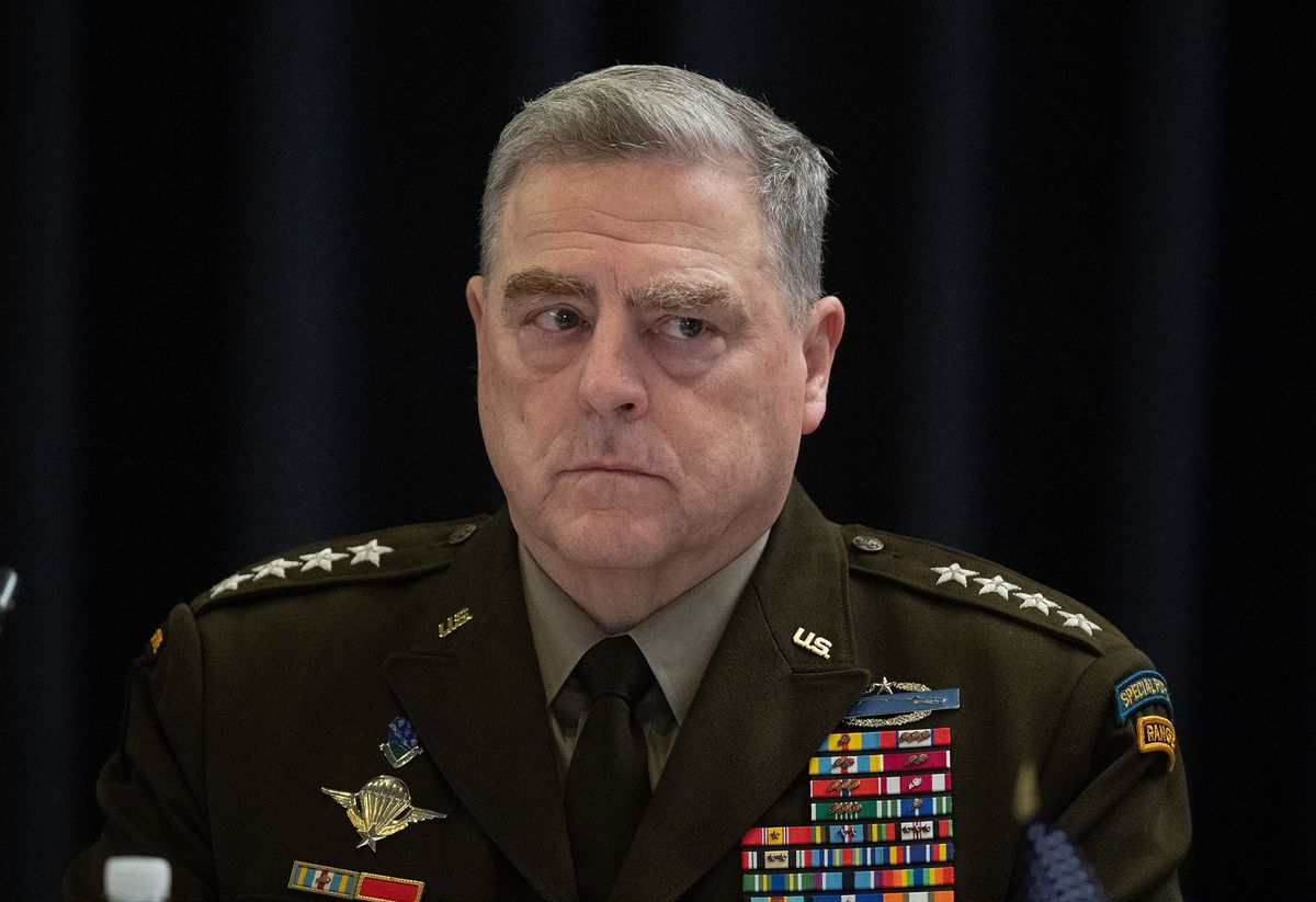 26 April 2022, Rhineland-Palatinate, Ramstein: Mark A. Milley, U.S. chief of staff, at a conference on the Ukraine war at Ramstein Air Base. Photo: Boris Roessler/dpa (Photo by BORIS ROESSLER / DPA / dpa Picture-Alliance via AFP)