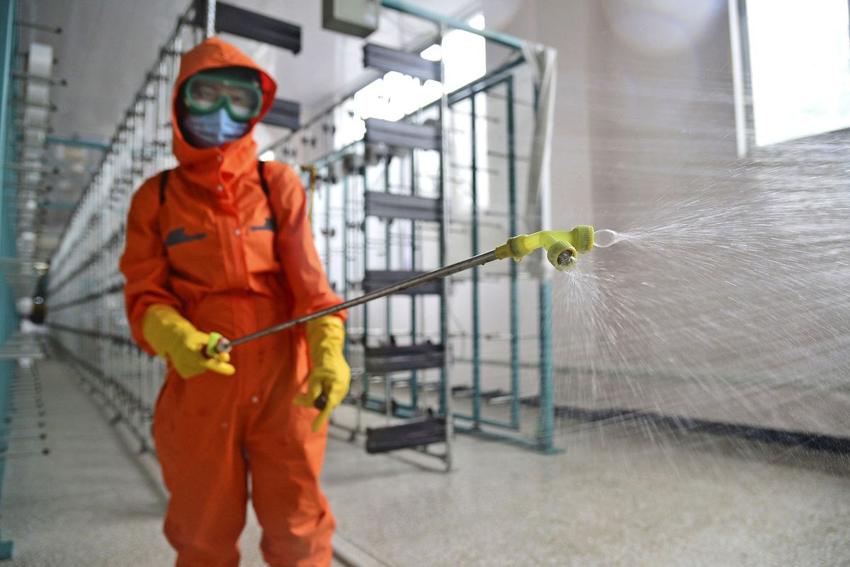 COVID-19 fears in North Korea, Disinfection operation is carried out at a factory in Pyongyang on June 10, 2022, amid fears over the spread of coronavirus infections. (Photo by Kyodo News via Getty Images)