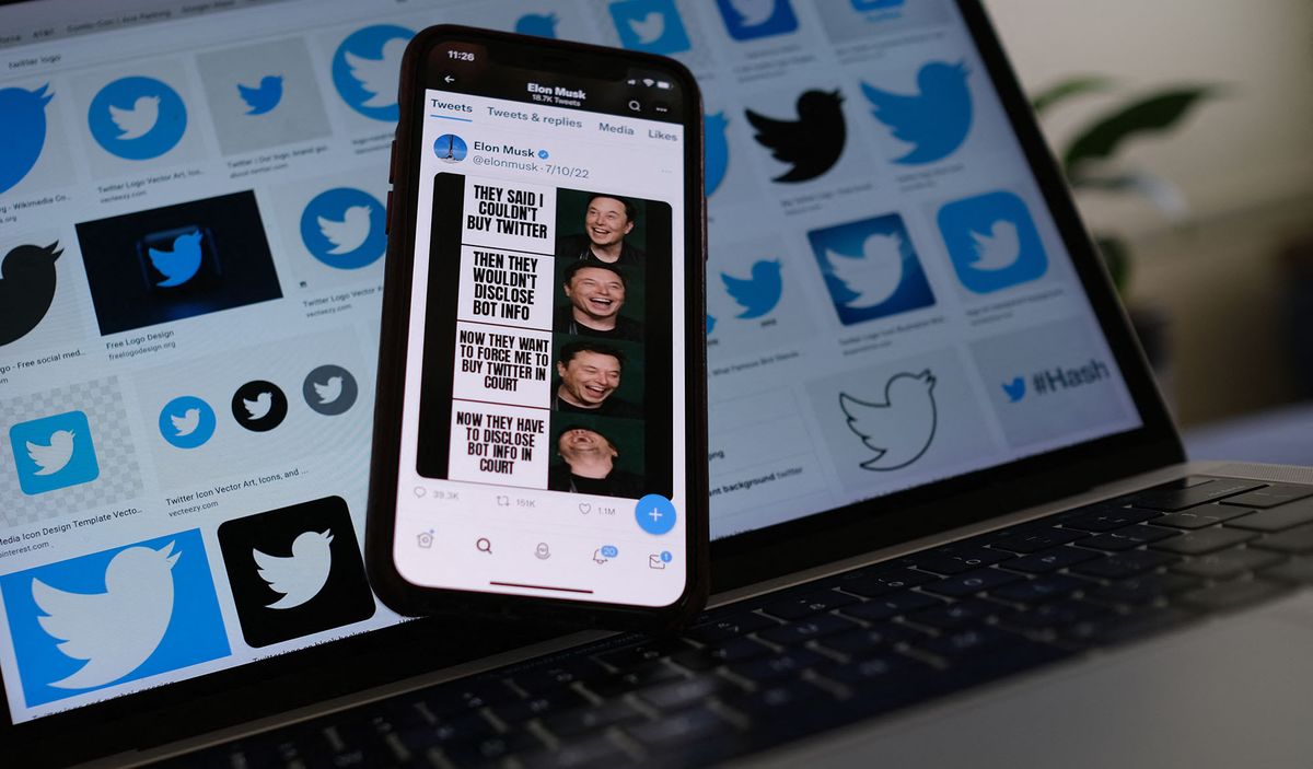 In this illustration photo taken on July 18, 2022, Elon Musk's Twitter page is displayed on the screen of a smartphone with Twitter logos in the background in Los Angeles. (Photo by Chris DELMAS / AFP)