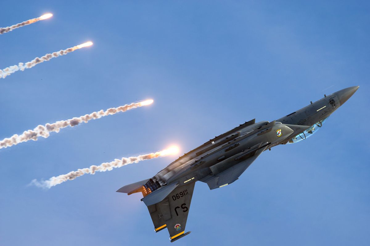Boeing F-15E Strike Eagle during a defensive maneuver, discharging thermal flare ,3d illustration