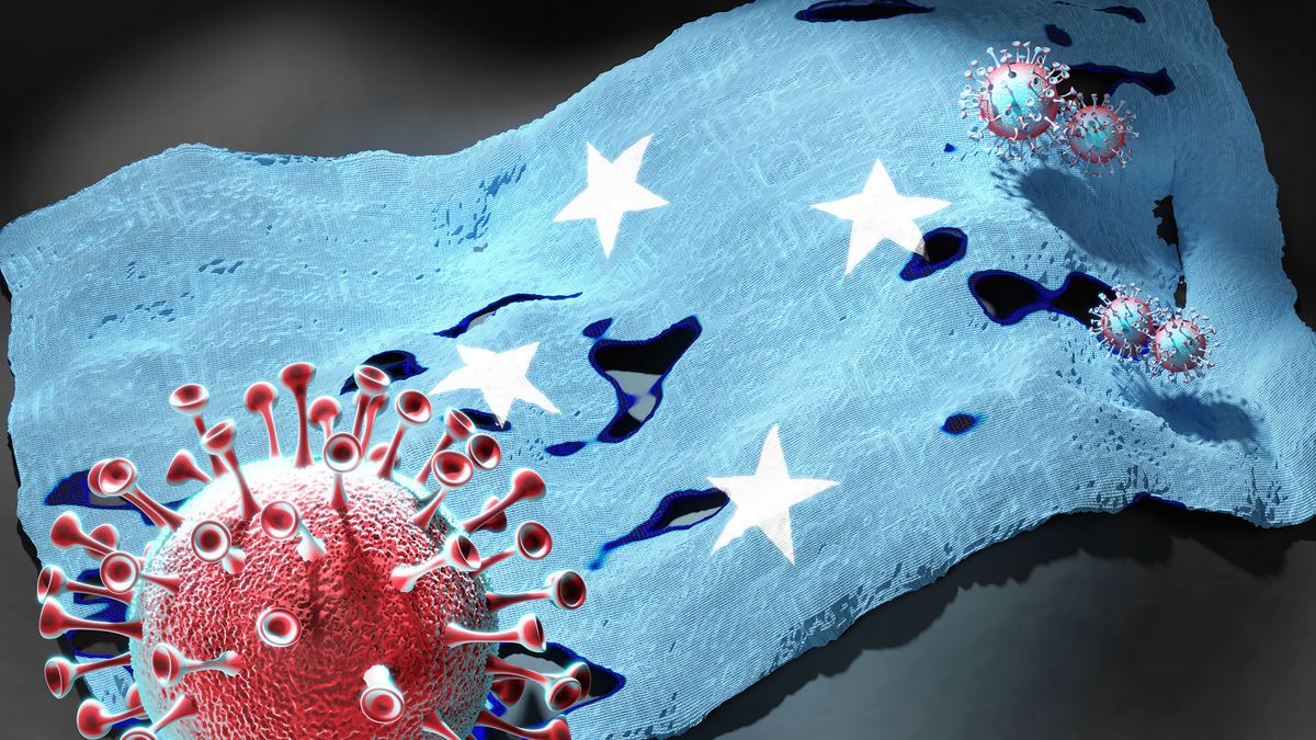 Covid in Micronesia (Federated States of) - coronavirus and a flag of Micronesia (Federated States of) as a symbol of pandemic in this country, 3d illustration