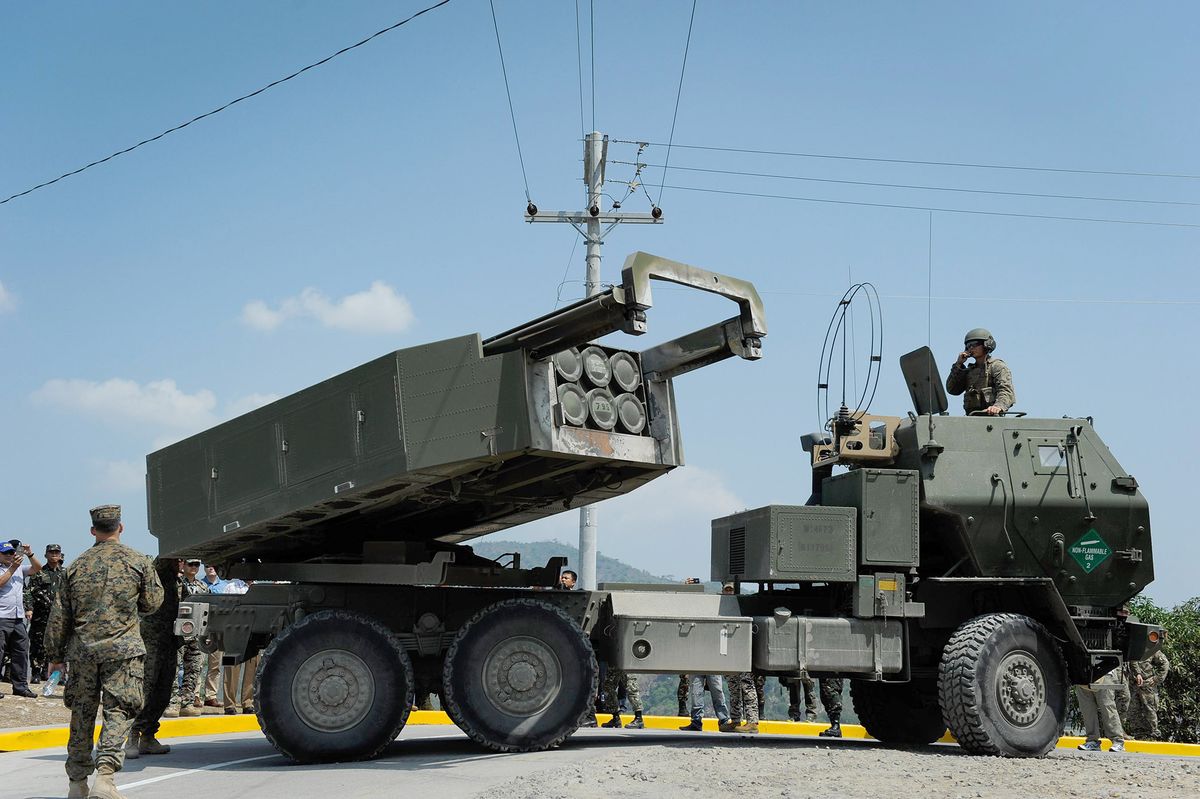 521111726 CROW VALLEY, PHILIPPINES - APRIL 14:  A US-made HIMARS (High Mobility Advanced Rocket System) on static display during live fire exercises on April 14, 2016 in Crow Valley, Tarlac province, Philippines. US and Philippine troops are set to wrap up the 11-day "Balikatan" (shoulder-to-shoulder) annual joint military exercises which began last week as US Defence Secretary Ashton Carter said this week more Philippine military bases would be opened to US troops and equipment on a rotational basis. The Philippines is locked in a dispute with China over islets in the South China Sea which Beijing regards as its territory.  (Photo by Dondi Tawatao/Getty Images)
