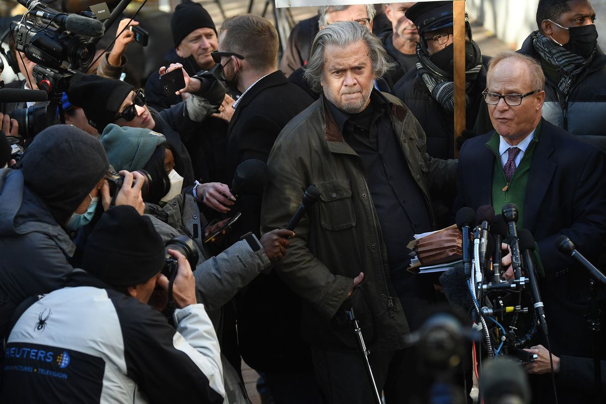1241834906 WASHINGTON, DC - NOVEMBER 15: Steve Bannon talks to reporters after appearing in federal court on Monday November 15, 2021 in Washington, DC. He was charged with contempt of Congress. (Photo by Matt McClain/The Washington Post via Getty Images)