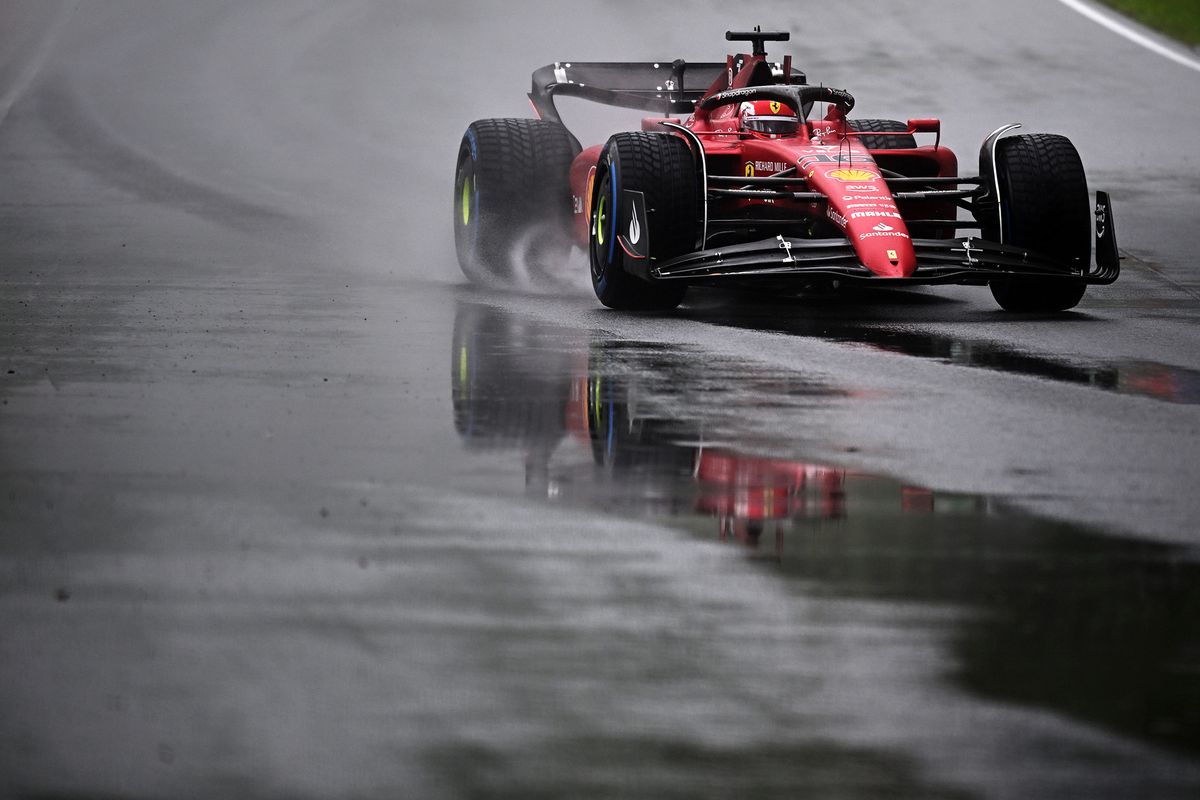 F1 Grand Prix of Canada - Qualifying MONTREAL, QUEBEC - JUNE 18: Charles Leclerc of Monaco driving the (16) Ferrari F1-75 in the wet during qualifying ahead of the F1 Grand Prix of Canada at Circuit Gilles Villeneuve on June 18, 2022 in Montreal, Quebec. (Photo by Clive Mason/Getty Images)