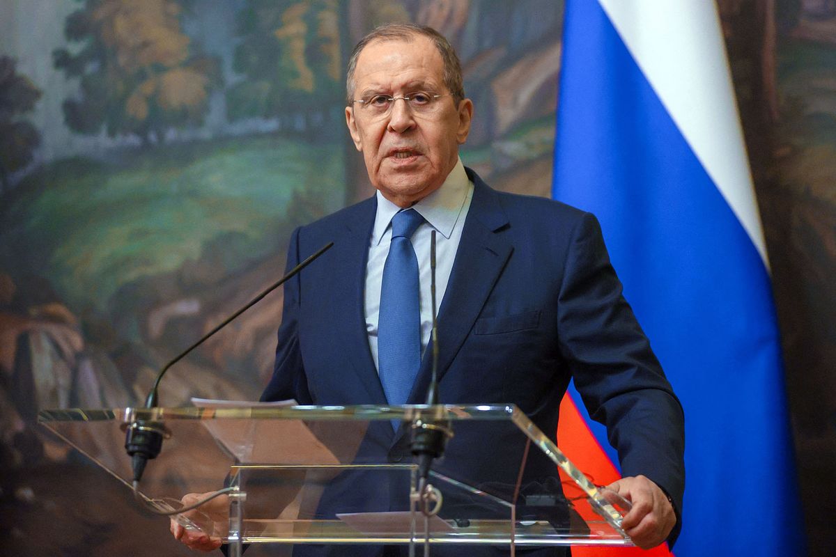 Russian Foreign Minister Sergei Lavrov speaks during a joint press conference with Qatari Deputy Prime Minister and Minister of Foreign Affairs following their talks in Moscow on March 14, 2022. (Photo by Handout / RUSSIAN FOREIGN MINISTRY / AFP) / RESTRICTED TO EDITORIAL USE - MANDATORY CREDIT "AFP PHOTO / Russian Foreign Ministry / handout" - NO MARKETING NO ADVERTISING CAMPAIGNS - DISTRIBUTED AS A SERVICE TO CLIENTS