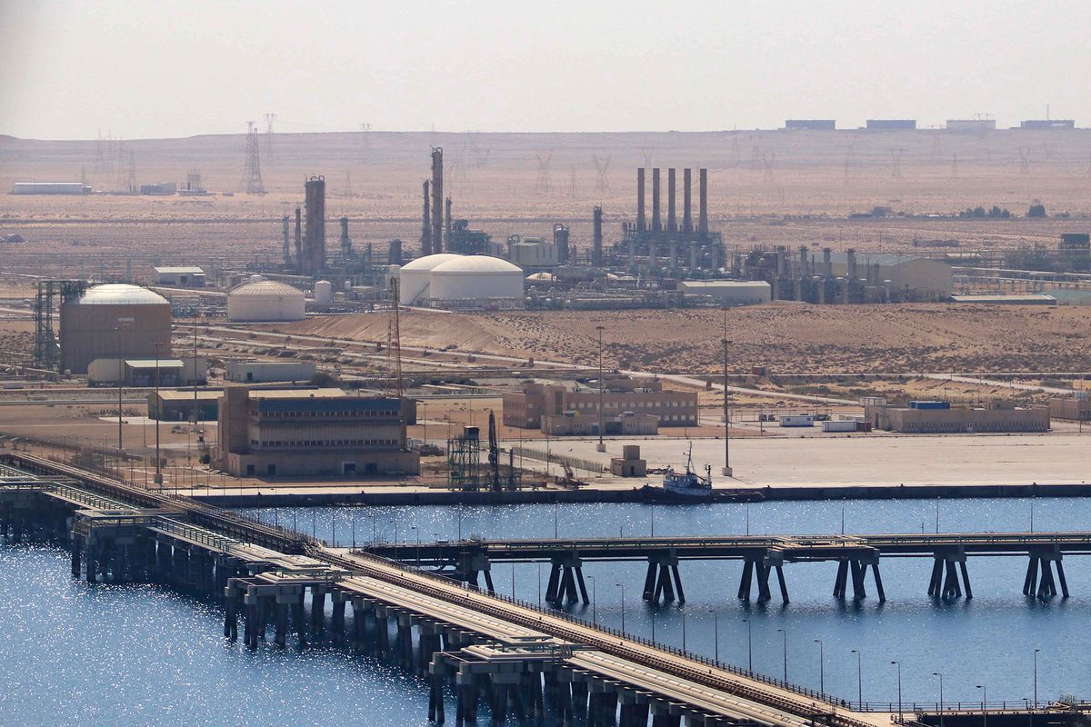 A picture taken on September 24, 2020 shows the Brega oil port in Marsa Brega, some 270kms west of Libya's eastern city of Benghazi. - Libyaís state oil firm lifted force majeure on what it deemed secure oil ports and facilities on September 20, a day after strongman Khalifa Haftar said he was lifting a blockade on oilfields and ports. The blockade, which has resulted in more than $9.8 billion in lost revenue according to the state-run National Oil Corporation (NOC), has exacerbated electricity and fuel shortages in the country. (Photo by AFP)