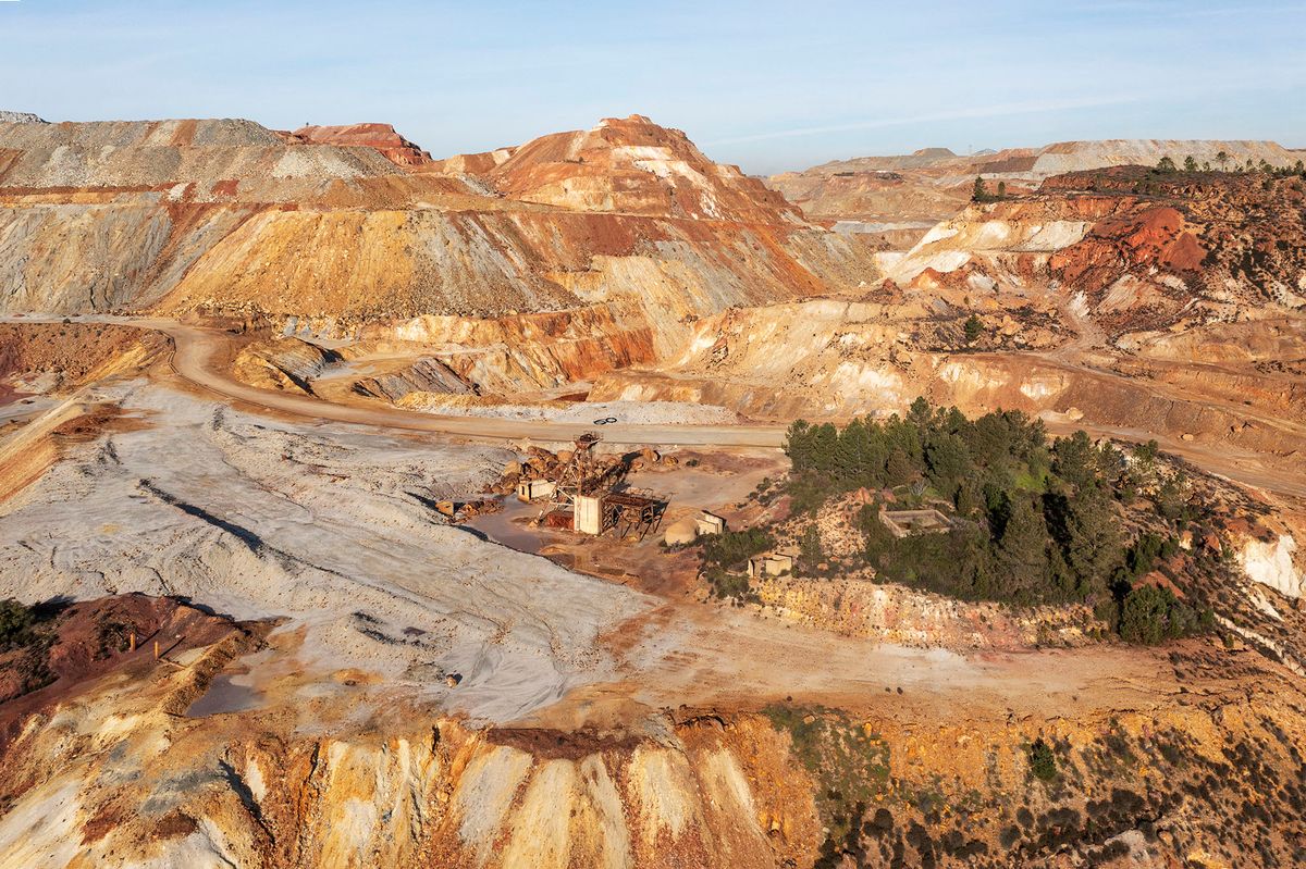 Dramatically scarred landscape of mineral-rich ground and rock at the Rio Tinto mines. Huelva province, Andalusia, Spain. (Photo by Thomas Dressler / Biosphoto / Biosphoto via AFP)