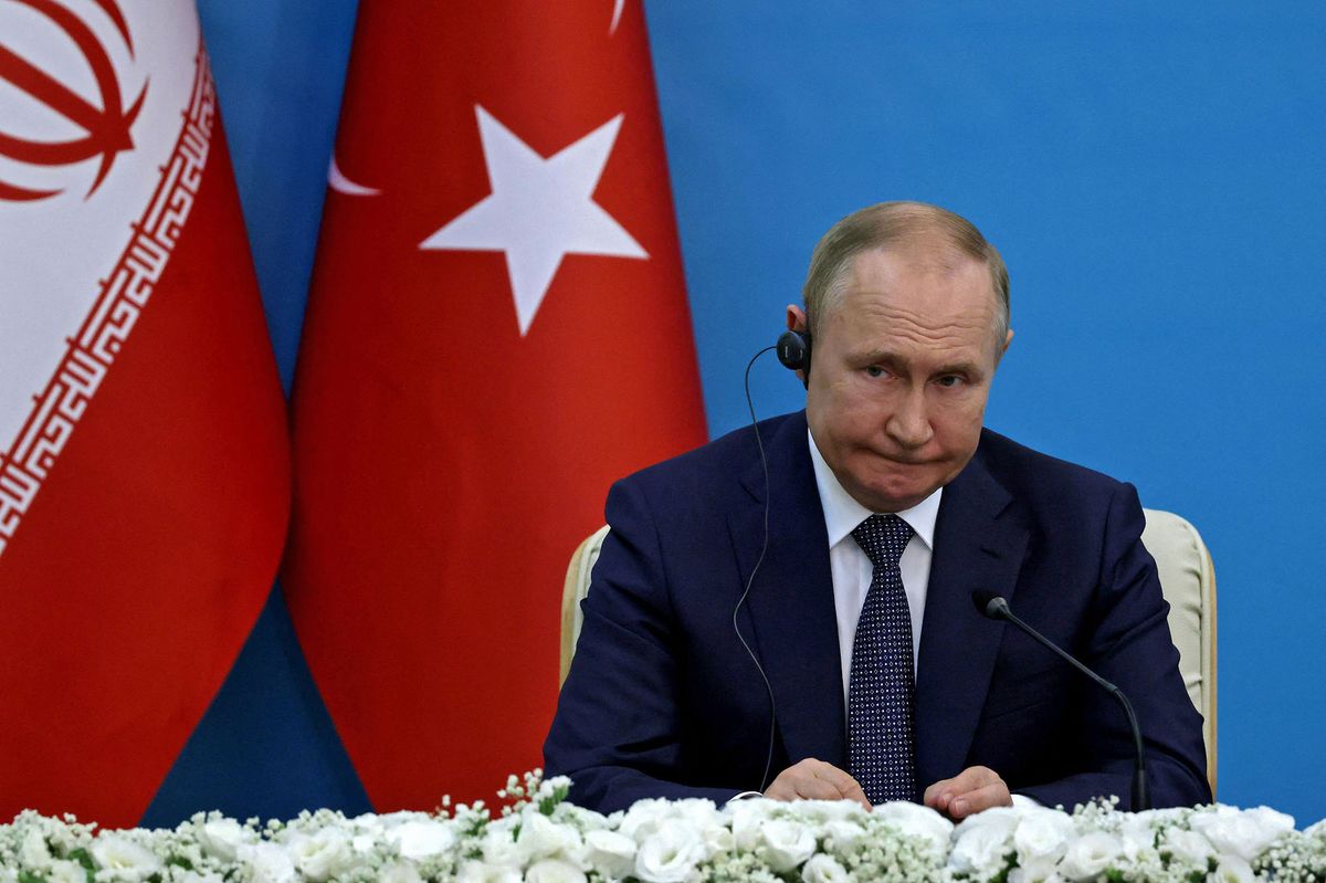 Russian President Vladimir Putin takes questions during a joint press conference with his Iranian and Turkish counterparts following their summit in Tehran on July 19, 2022. (Photo by ATTA KENARE / AFP)