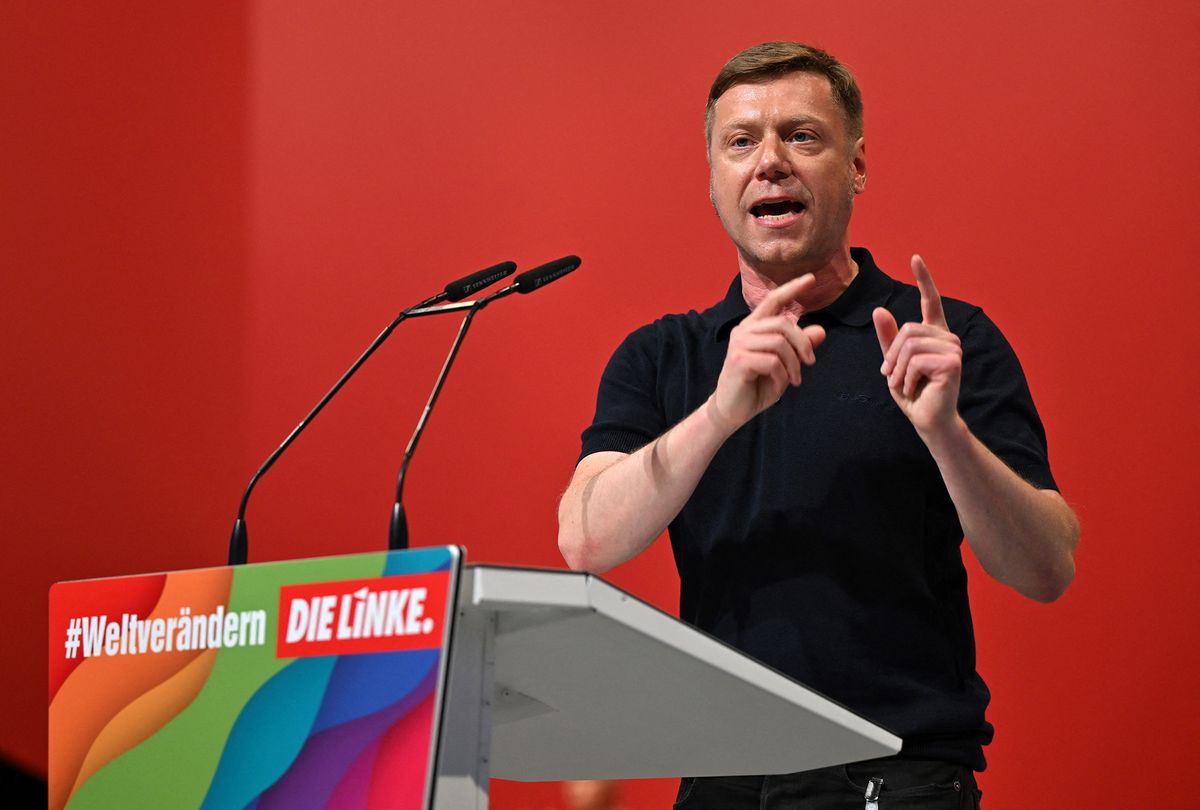 25 June 2022, Thuringia, Erfurt: Martin Schirdewan (Die Linke), stands on stage before being elected party leader at the Left Party's national convention at Messe Erfurt. The Left is electing a new leadership on the same day to regain its footing after electoral flops, disputes and accusations of sexism. On the second day of the national party conference in Erfurt, not only the dual leadership, but the entire executive board is to be reappointed. This will probably also be reduced in size. There are ten candidates for the top duo alone. Photo: Martin Schutt/dpa (Photo by MARTIN SCHUTT / DPA / dpa Picture-Alliance via AFP)