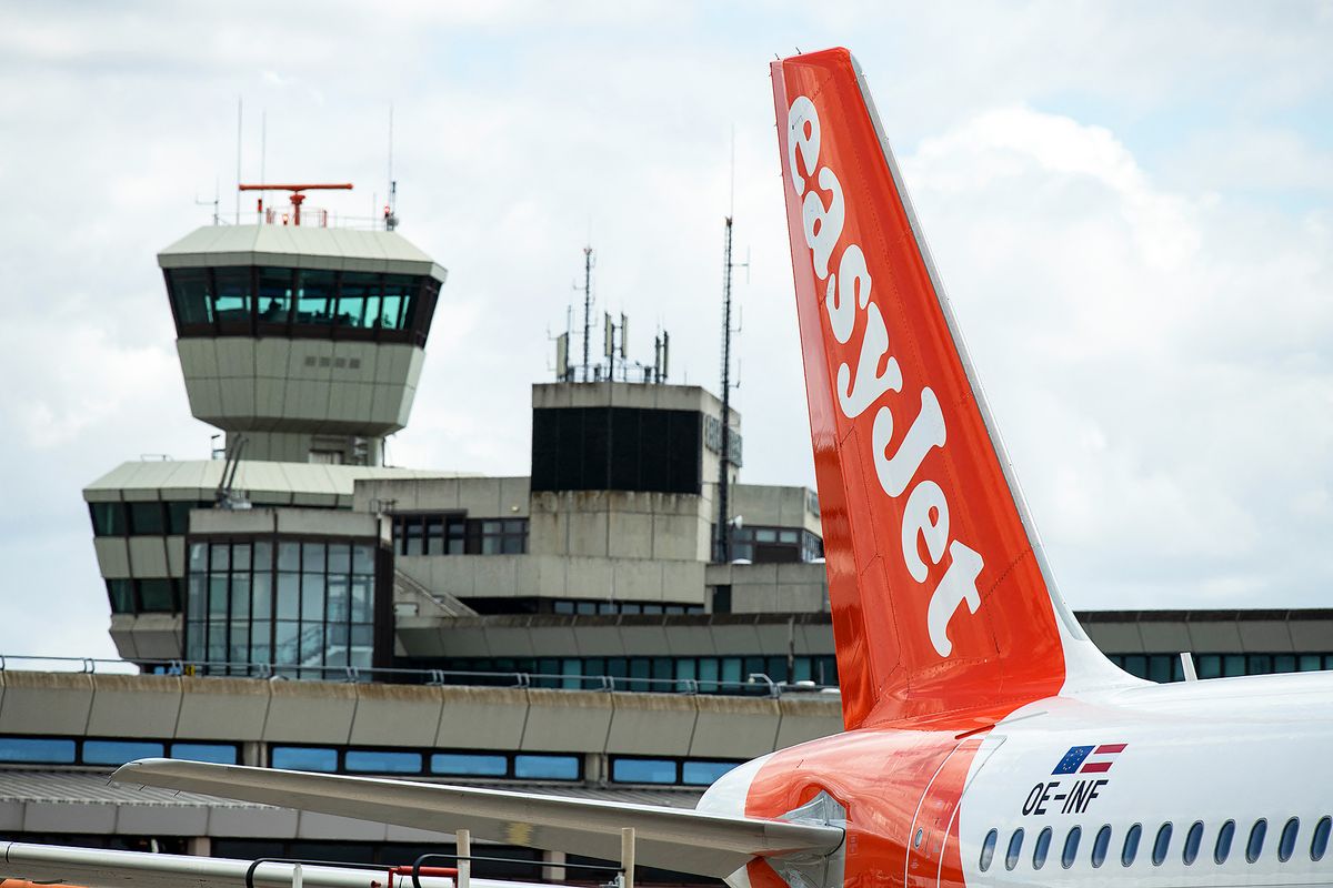 Airport Tegel, 07 July 2020, Berlin: A plane of the airline Easyjet is parked at Tegel Airport. After several cancelled appointments, it is planned that the new Capital Airport BER will be opened on 31.10.2020 and that the last aircraft will take off from Tegel on 8.11.2020. Photo: Bernd von Jutrczenka/dpa (Photo by BERND VON JUTRCZENKA / DPA / dpa Picture-Alliance via AFP)