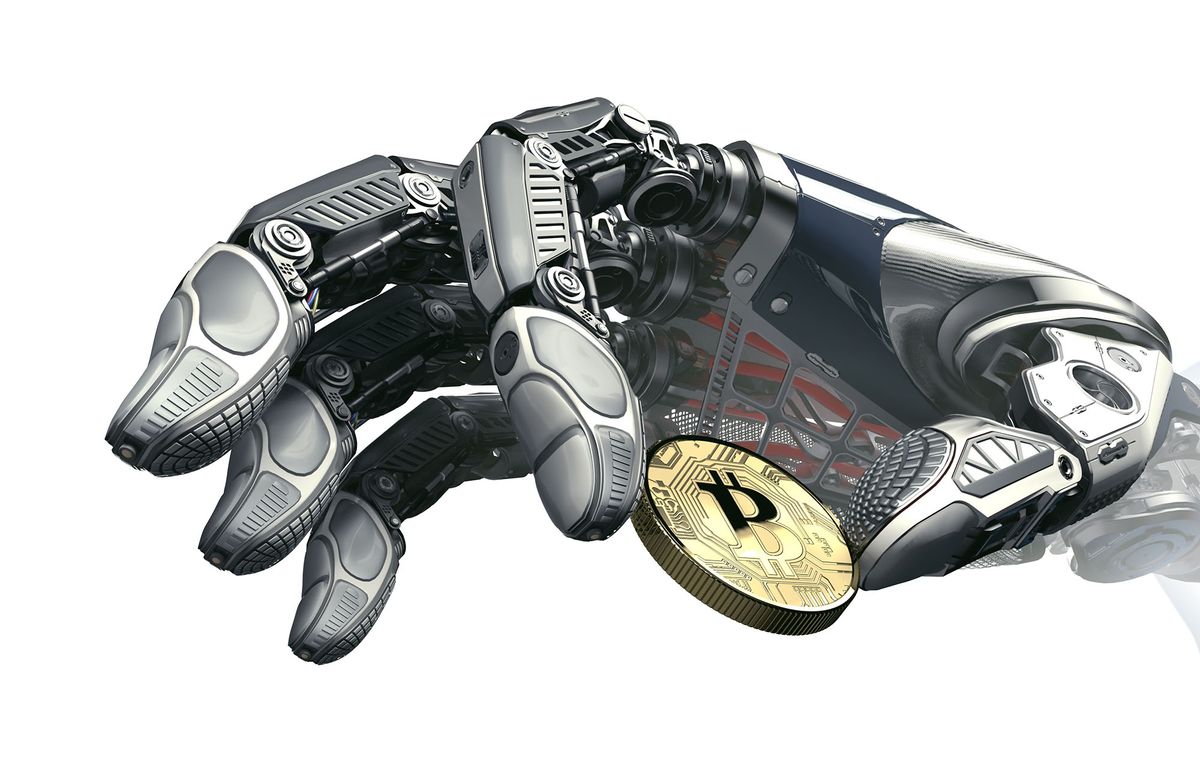 kripto kereskedő robot Robotic arm taking bitcoin against digital hud background. Artificial intelligence in virtual world. Electronic commerce business design. 3d rendering