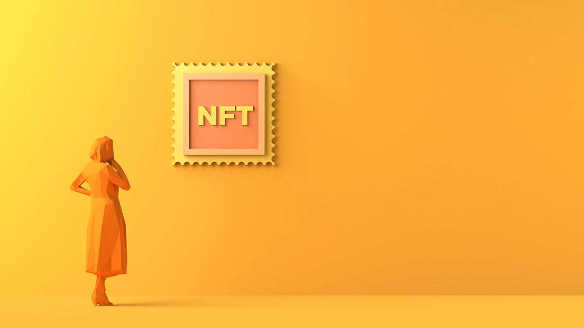 Woman looking NFT non fungible token. Crypto art gallery. Copy space. 3D illustration.