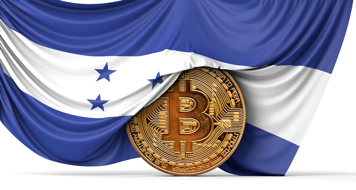 Honduras flag draped over a bitcoin cryptocurrency coin. 3D Rendering