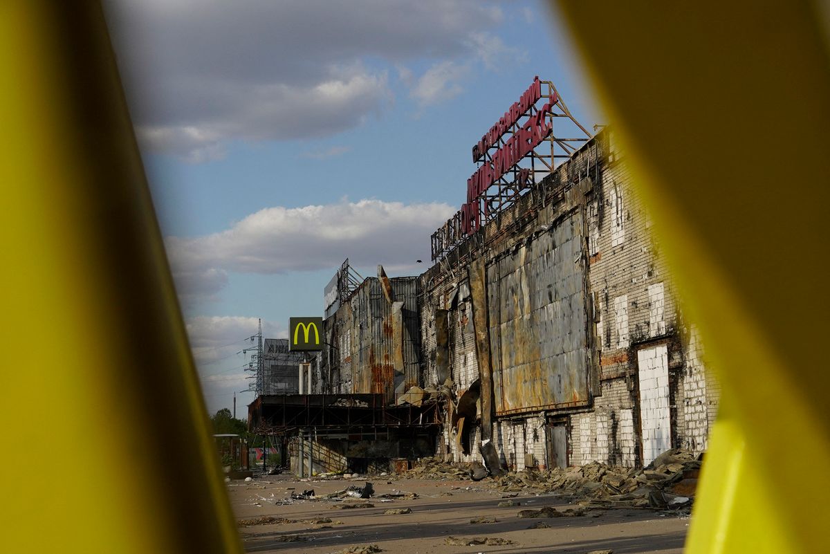 A view of the destroyed Fabrika shopping mall in the city of Kherson on July 20, 2022, amid the ongoing Russian military action in Ukraine. (Photo by STRINGER / AFP)