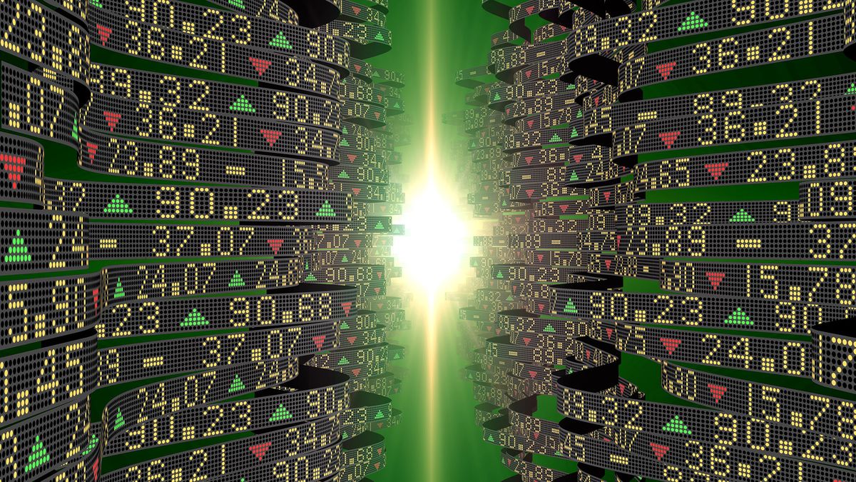 3D Illustration for financial and business backgrounds with tőzsde kötvény részvény stock market tickers sliding on trading boards towards a green light.