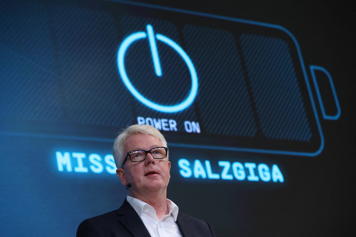 Frank Blome, CEO Battery Company, speaks during a media talk at Volkswagen's first own battery cell factory in Salzgitter, central Germany, on July 7, 2022. (Photo by Ronny HARTMANN / AFP)