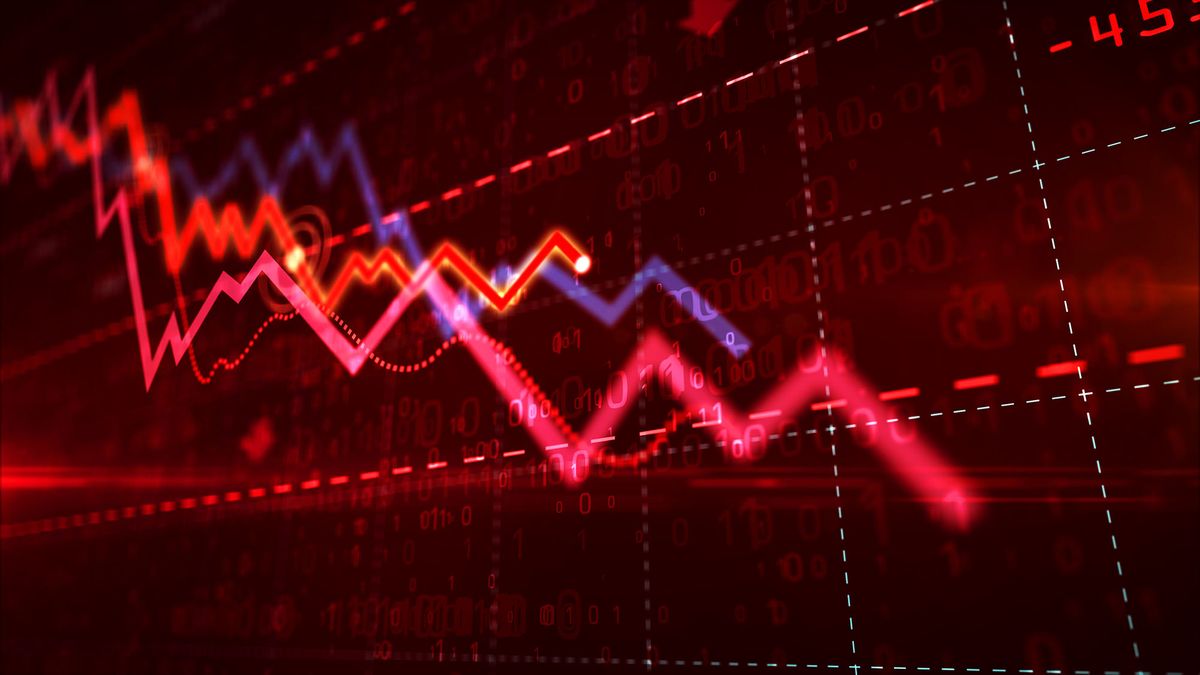 stagnált a forint árfolyama Stock markets down chart on grid background. Abstract concept of financial stagnation, recession, crisis, business crash and economic collapse. Downward trend 3d illustration.