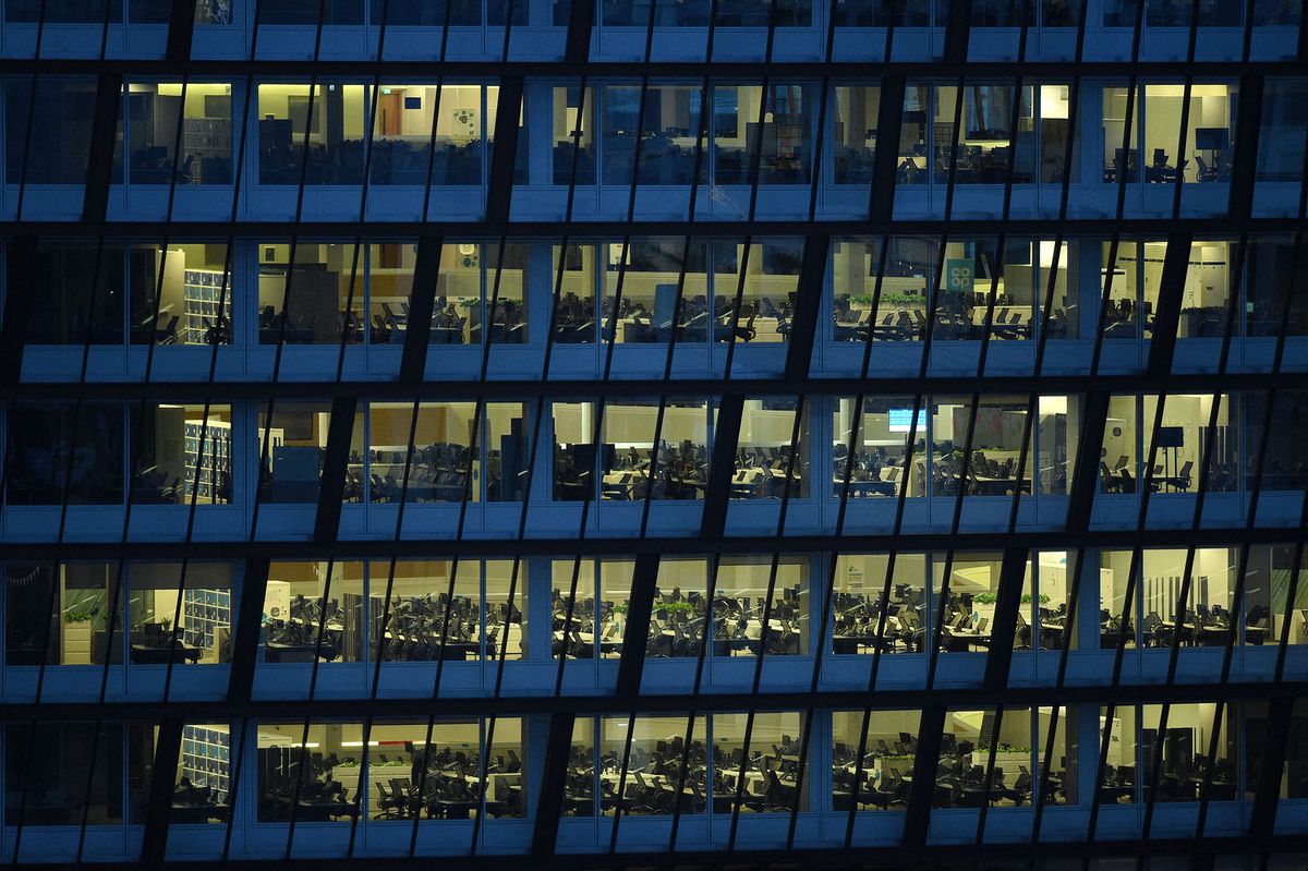 The empty offices at Co-op headquarters are pictured in Manchester on April 9, 2020. - COVID-19 has struck at the heart of the British government, infected more than 60,000 people nationwide and killed over 7,000, with a daily death toll in the UK of 881 reported on April 9. (Photo by Oli SCARFF / AFP)