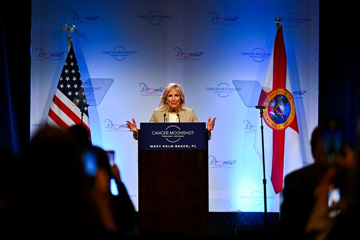 US First Lady Jill Biden speaks at an event in support of the Promise Fund of Florida as part of the Biden Administration's Cancer Moonshot initiative in West Palm Beach, Florida on June 23, 2022. (Photo by CHANDAN KHANNA / AFP)