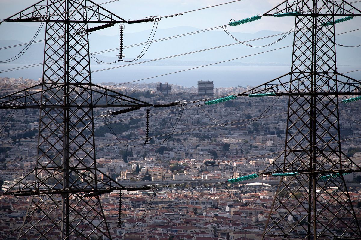 1235893655 Electricity transmission pylons in Gerakas suburb, northeast of Athens, Greece, on Tuesday, Oct. 12, 2021. European Union leaders are poised to authorize next week emergency measures by member states to blunt the impact of the unprecedented energy crisis on the most vulnerable consumers and companies. Photographer: Yorgos Karahalis/Bloomberg via Getty Images
