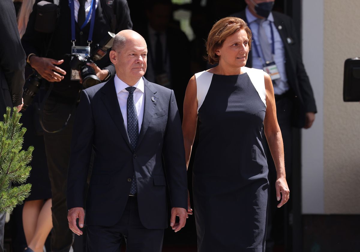 GARMISCH-PARTENKIRCHEN, GERMANY - JUNE 26: German Chancellor Olaf Scholz and his wife Britta Ernst attend the G7 summit at Schloss Elmau on June 26, 2022 near Garmisch-Partenkirchen, Germany. Leaders of the G7 group of nations are officially coming together under the motto: "progress towards an equitable world" and will discuss global issues including war, climate change, hunger, poverty and health. Overshadowing this year’s summit is the ongoing Russian war in Ukraine. (Photo by Sean Gallup/Getty Images)